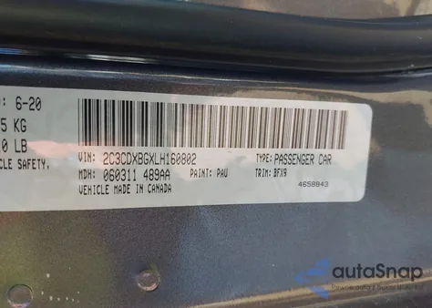 2020 Dodge Charger Sxt Rwd из США, поврежденный, VIN 2C3CDXBGXLH160802